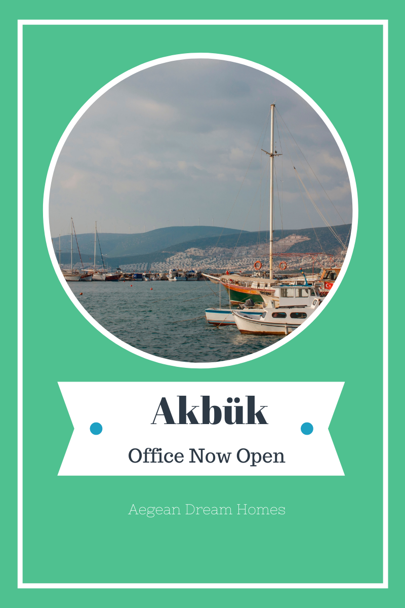 Blog banner reads: Akbuk Office now open. Aegean DreAM HOMES