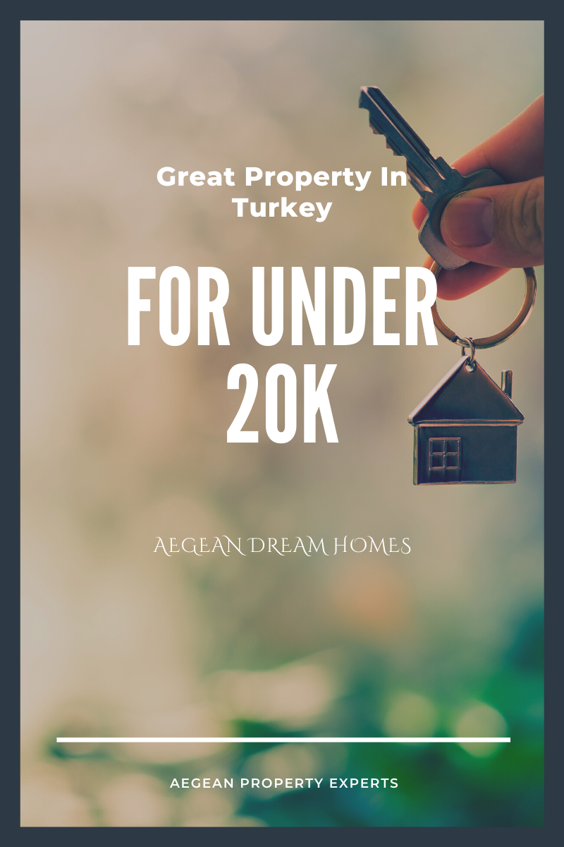 Blog banner. Picture shows hand holding house keyring. Text overlay reads: Great property in Turkey for under 20k. Aegean Dream Homes. Aegean property Experts
