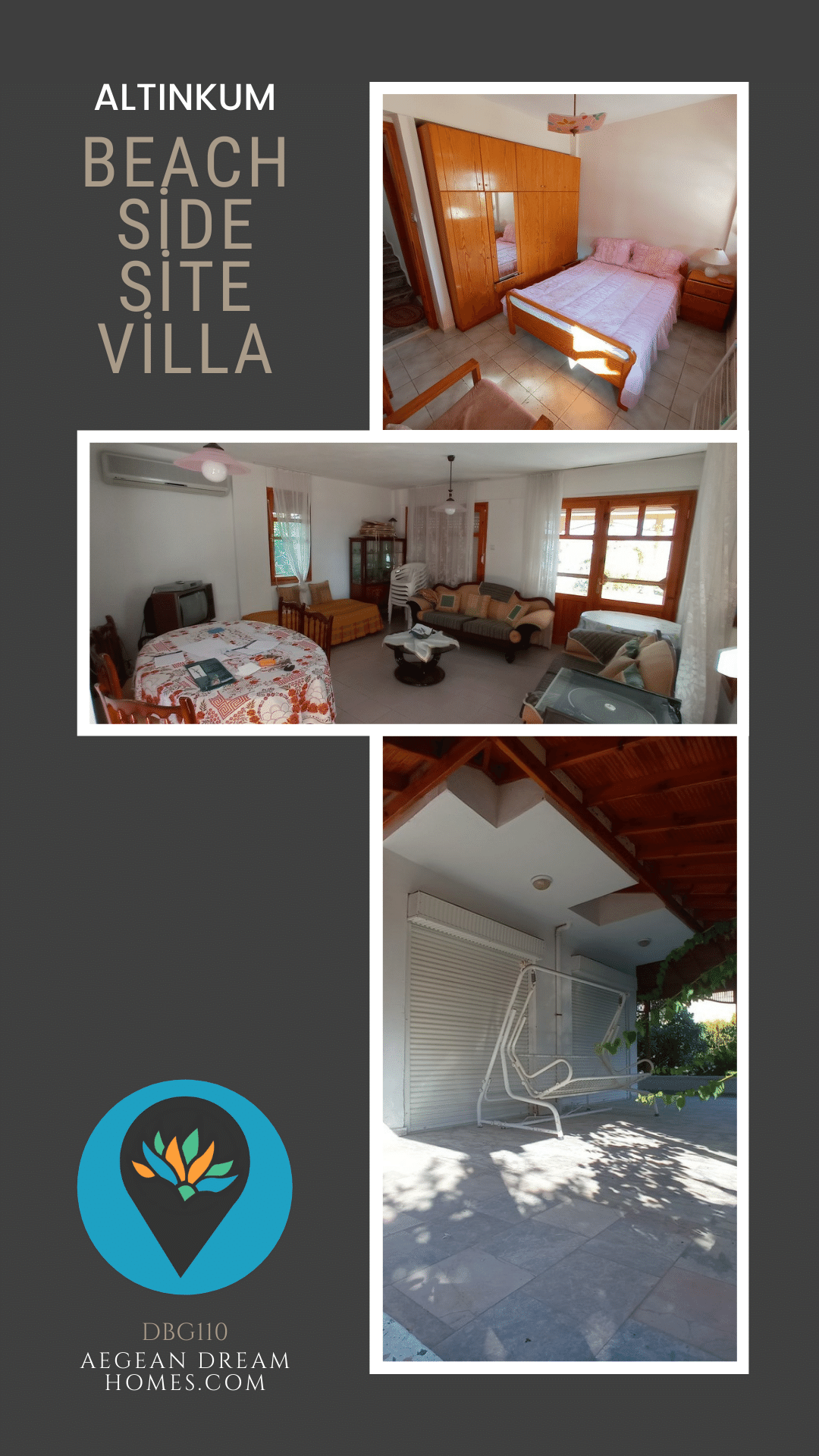 Featured property header for DBG110. Text overlay reads: Altinkum Beach Side Site Villa For Sale Picture shows the cheap villa for sale with original furnitures and decor pre renovation. Plus Aegean Dream Homes logo