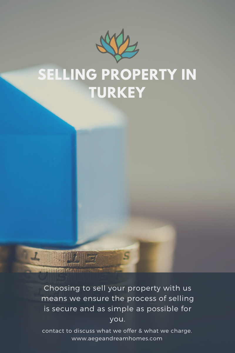Page header. Small wooden house perched on top of pound coins. Selling property in Turkey. Text overlay reads Choosing to sell your property with us means we ensure the process of selling is secure and as simple as possible for you. 